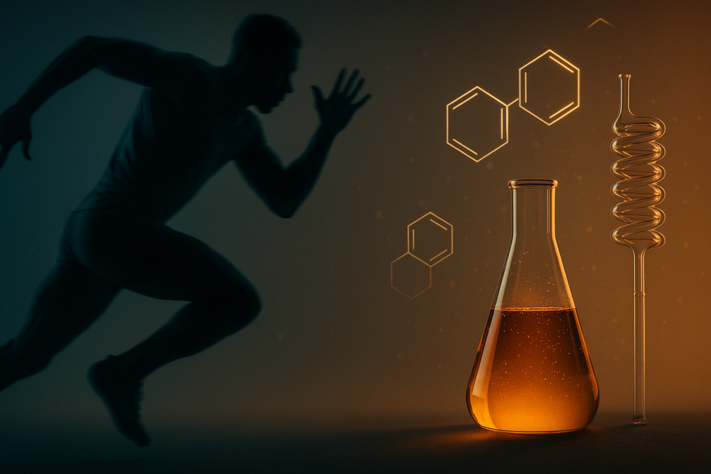 Silhouette eines Läufers in Bewegung neben einem leuchtenden Erlenmeyerkolben und Molekülstrukturen – Symbolbild ▎ Chemie und Sport.